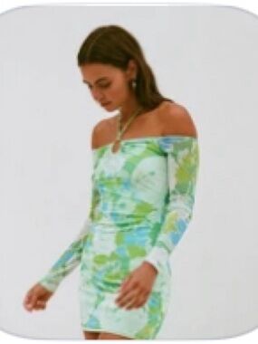 Off-Shoulder Green & Blue Floral Long Sleeve Mini Dress